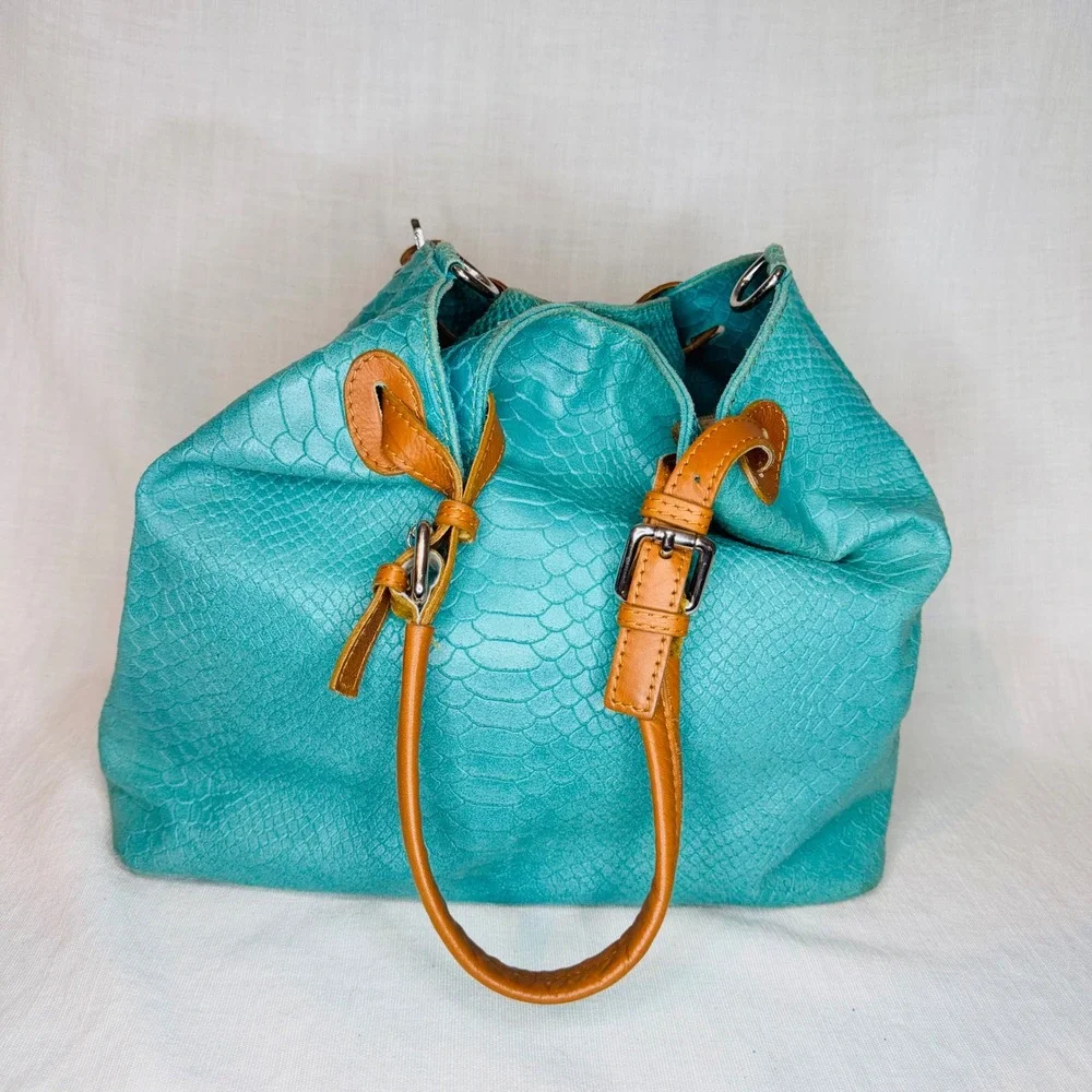 Borse in Pelle Italian Turquoise Snakeskin Embossed Leather Tote Shoulder Bag